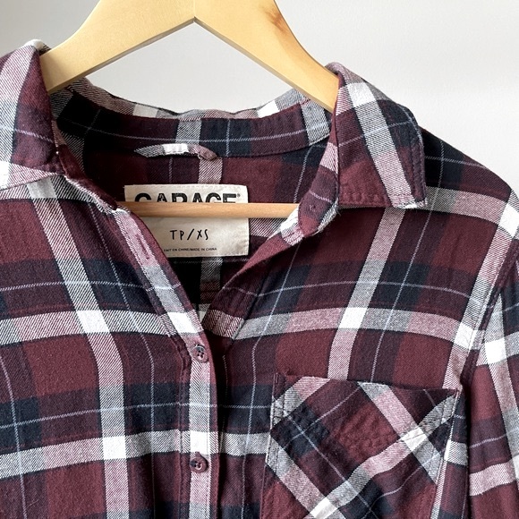 Garage Burgundy Plaid Flannel Boyfriend Button Up Long Sleeve Shirt - Picture 1 of 3